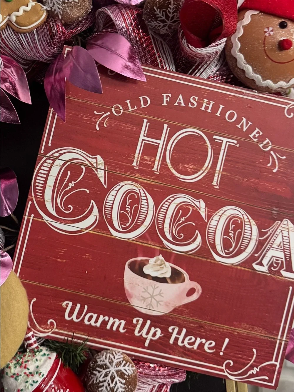 Hot Cocoa Holiday Wreath Pink & Red Accents with Gingerbread and Chocolate Chips